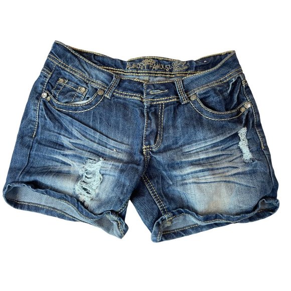 Almost Famous Womens Denim Jeans Shorts Stretch Distressed Low Rise Blue Size 5 - Picture 1 of 8